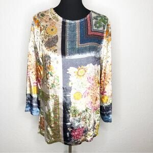 Soft Surroundings blue cream pink floral velvet long sleeve tunic top size XS
